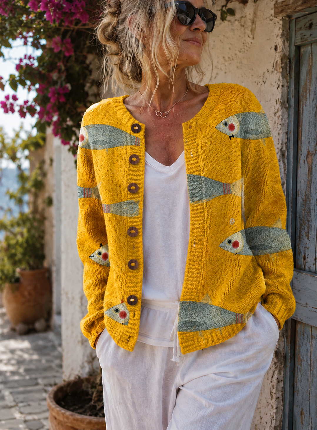 Edwina | Button-Down Fish Print Cardigan for Women
