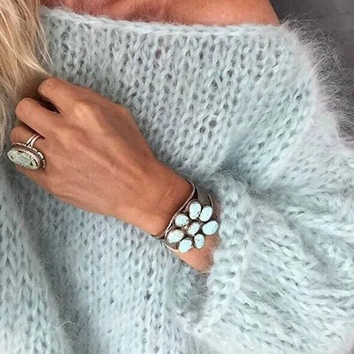 Women's Fluffy Oversized Knit Sweater – Relaxed Crew Neck Pullover
