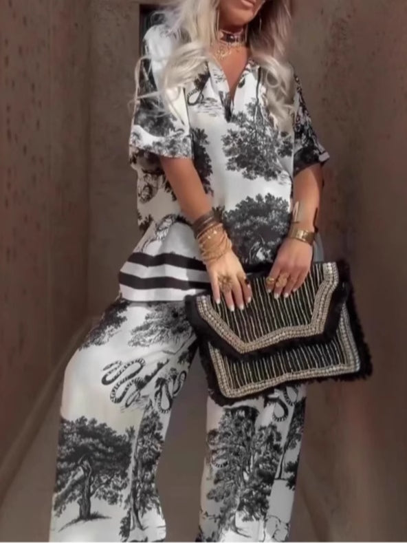 Samantha V-neck Top and Wide-leg Pants Set