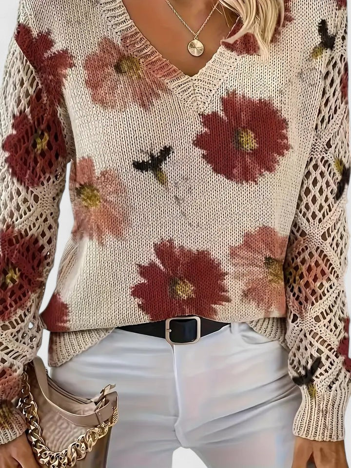 Women's V-Neck Floral Sweater – Long Sleeve Crochet Knit Pullover