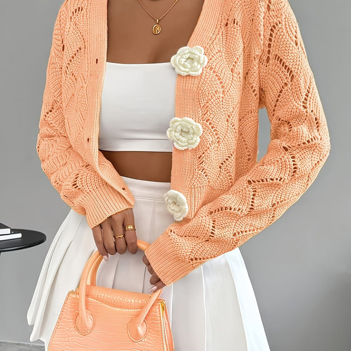 Celeste | Women's Crochet Knit Cardigan with 3D Floral Buttons