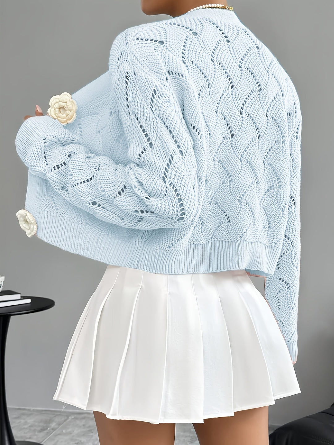 Celeste | Women's Crochet Knit Cardigan with 3D Floral Buttons