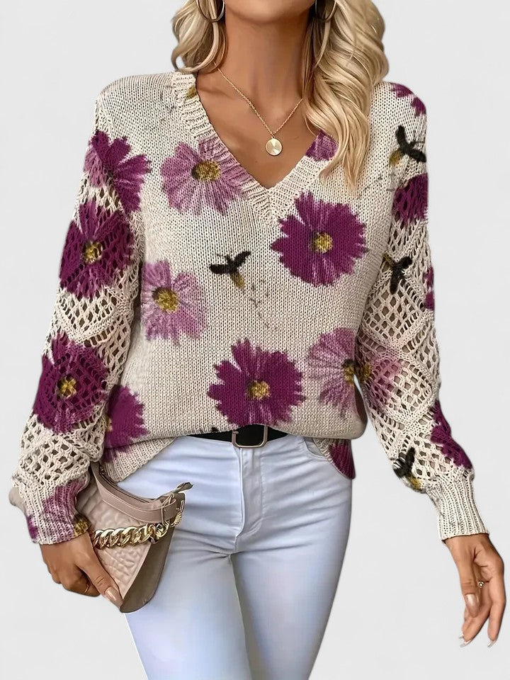 Women's V-Neck Floral Sweater – Long Sleeve Crochet Knit Pullover
