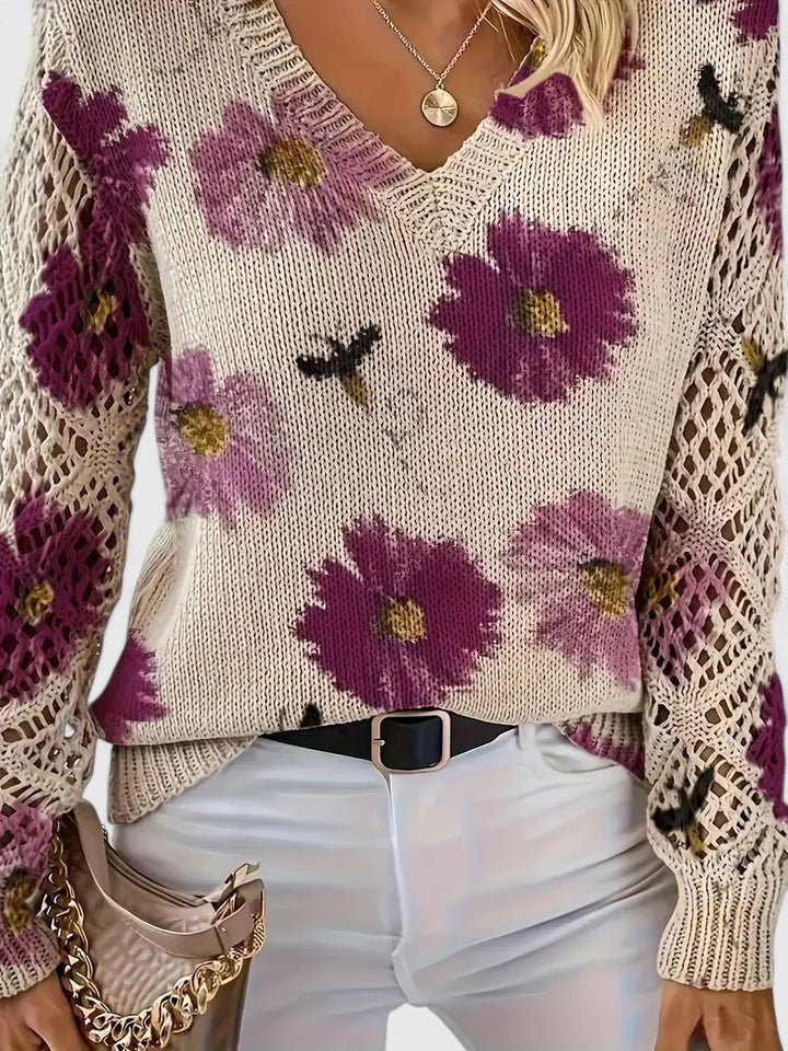 Women's V-Neck Floral Sweater – Long Sleeve Crochet Knit Pullover