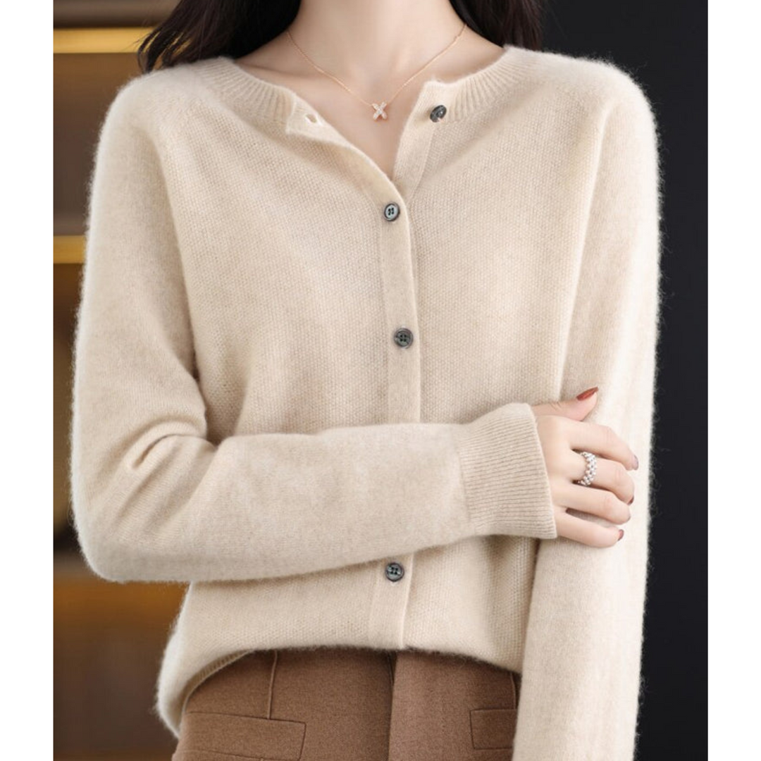 Women's Crew Neck Button Cardigan – Classic Long Sleeve Knit Layer
