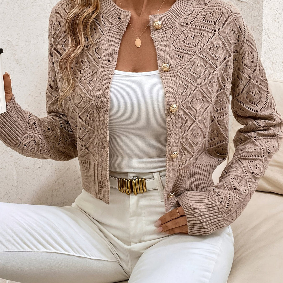 Women's Cropped Cardigan Long Sleeve Button-Front Textured Pointelle Knit Casual