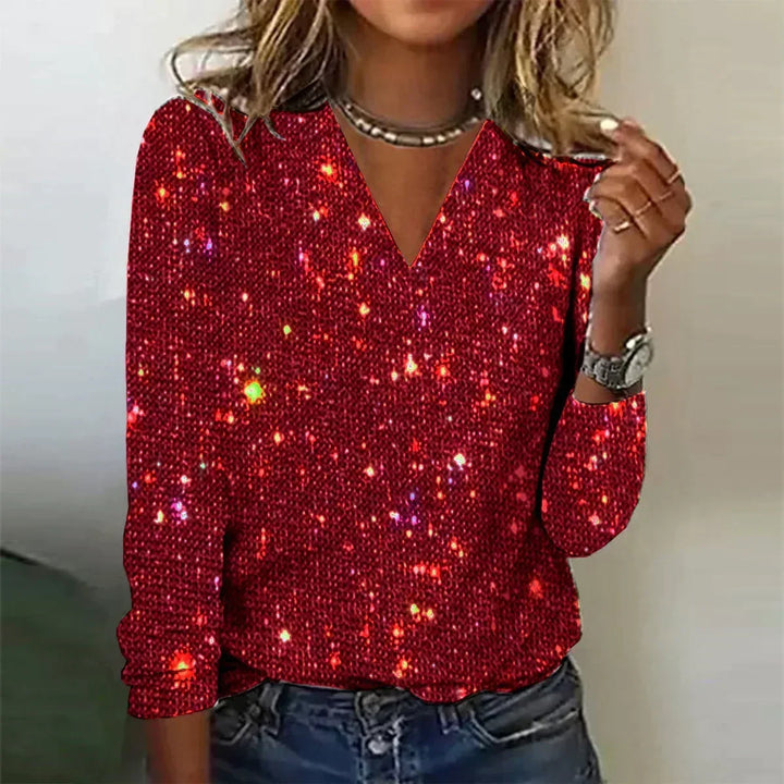 Women's Sparkle Knit Sweater – Sequin V-Neck Long Sleeve Pullover