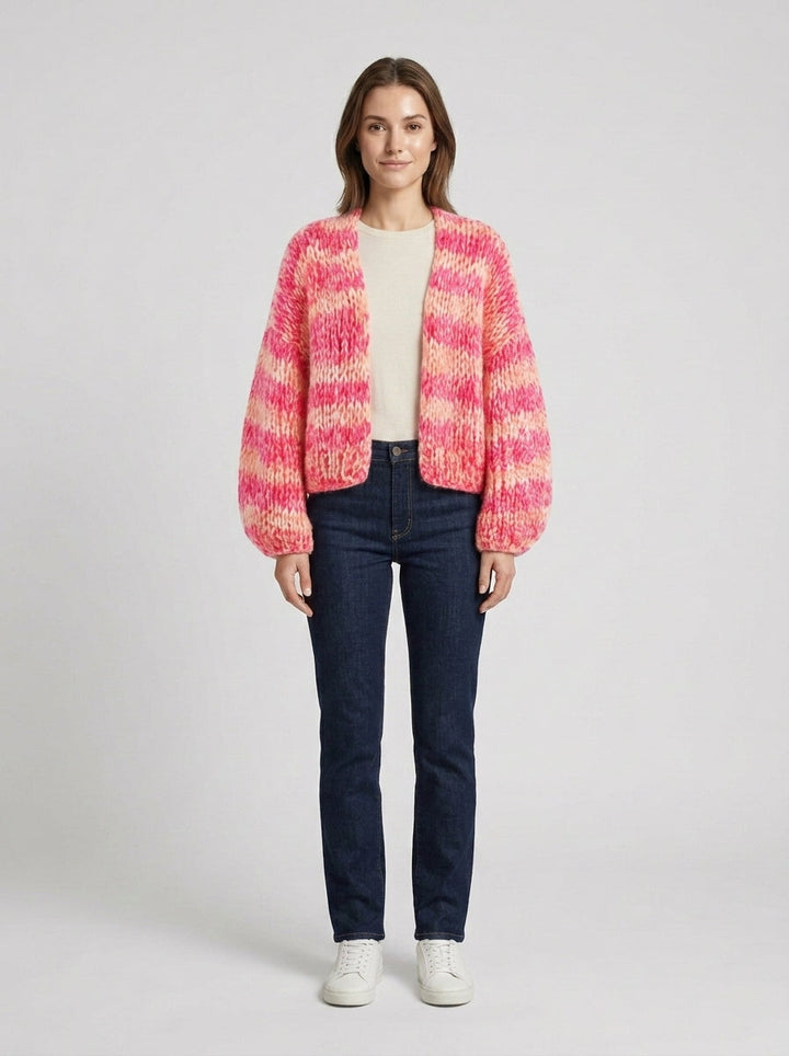 Women's Open-Front Cardigan Pink Striped Chunky Knit Long Sleeve Casual Layering