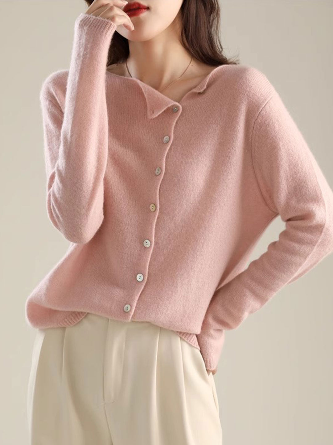 Women's Button-Front Cardigan Asymmetric V-Neck Long Sleeve Knit Casual