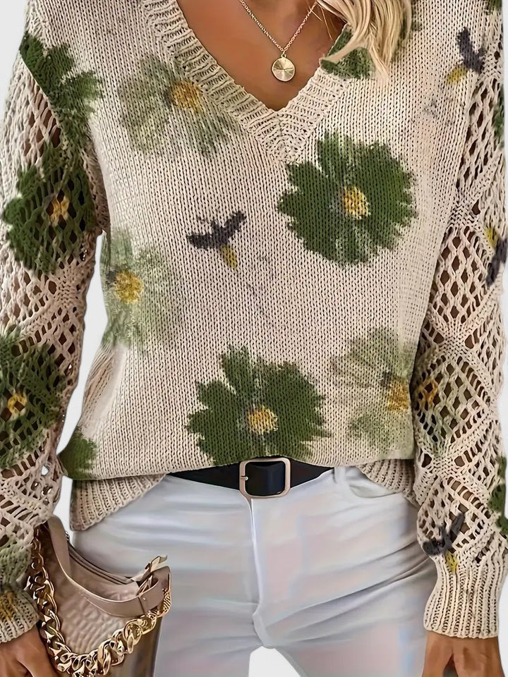 Women's V-Neck Floral Sweater – Long Sleeve Crochet Knit Pullover
