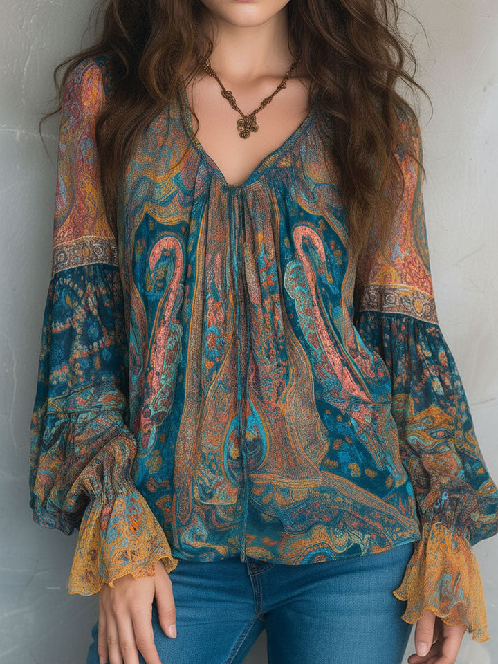 Sara™ | Bohemian Teal & Amber Paisley Chiffon Blouse With Ruffled Cuffs