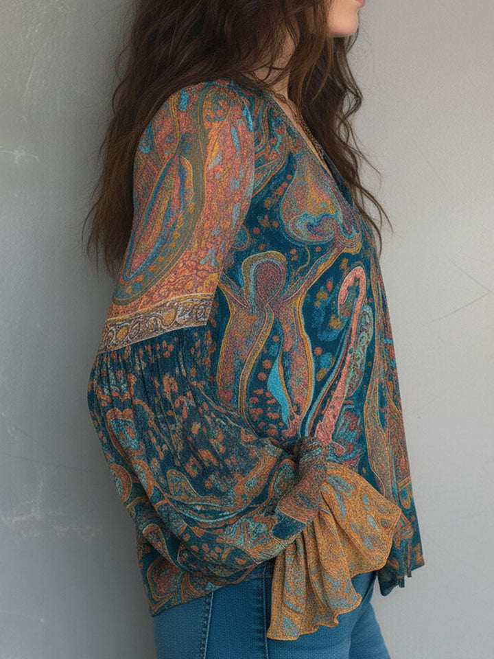 Sara™ | Bohemian Teal & Amber Paisley Chiffon Blouse With Ruffled Cuffs
