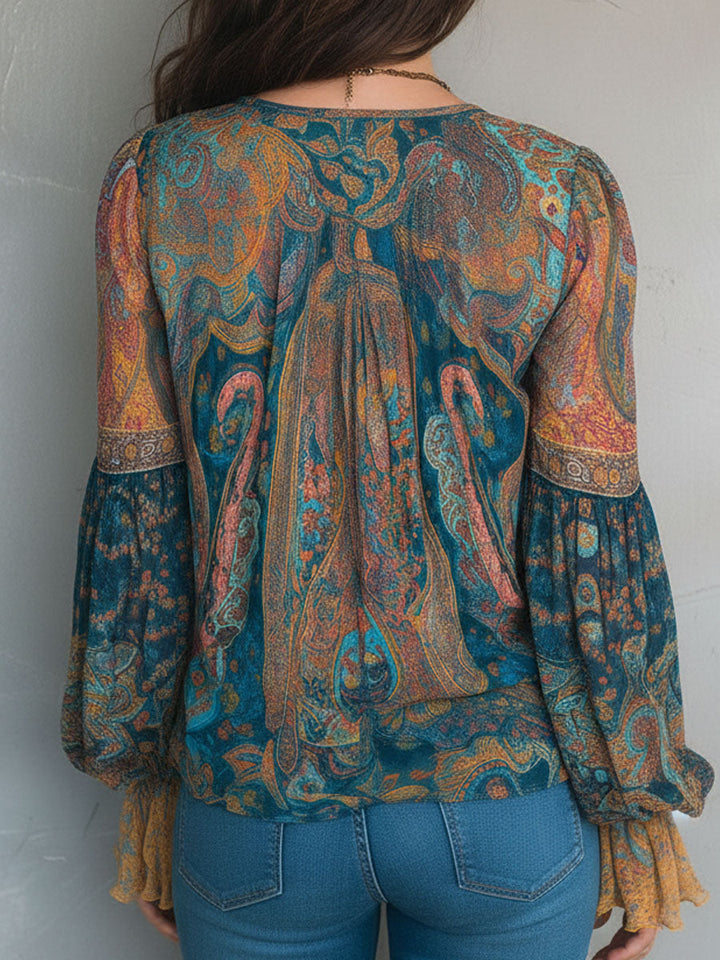 Sara™ | Bohemian Teal & Amber Paisley Chiffon Blouse With Ruffled Cuffs