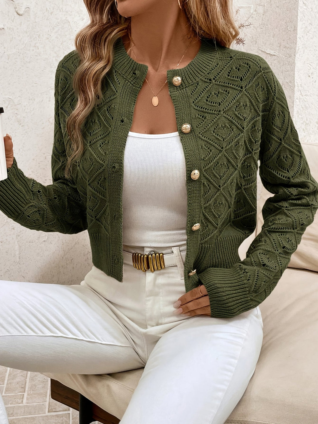 Women's Cropped Cardigan Long Sleeve Button-Front Textured Pointelle Knit Casual