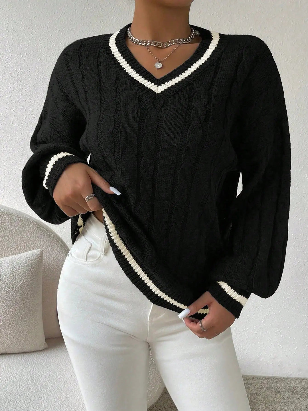 Women's Striped Cable Knit Sweater – V-Neck Preppy Pullover