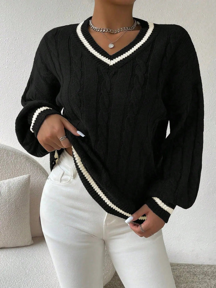 Women's Striped Cable Knit Sweater – V-Neck Preppy Pullover