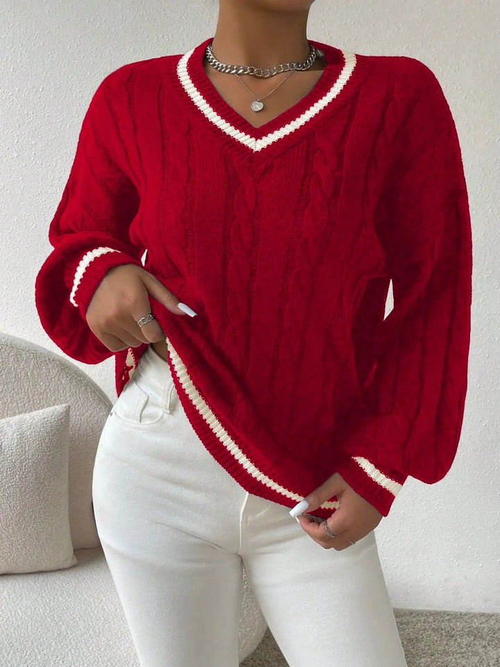 Women's Striped Cable Knit Sweater – V-Neck Preppy Pullover