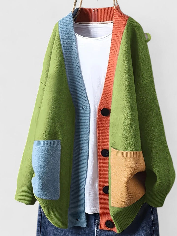 Women's Color Block Cardigan V-Neck Long Sleeve Button Front Patch Pocket Knit