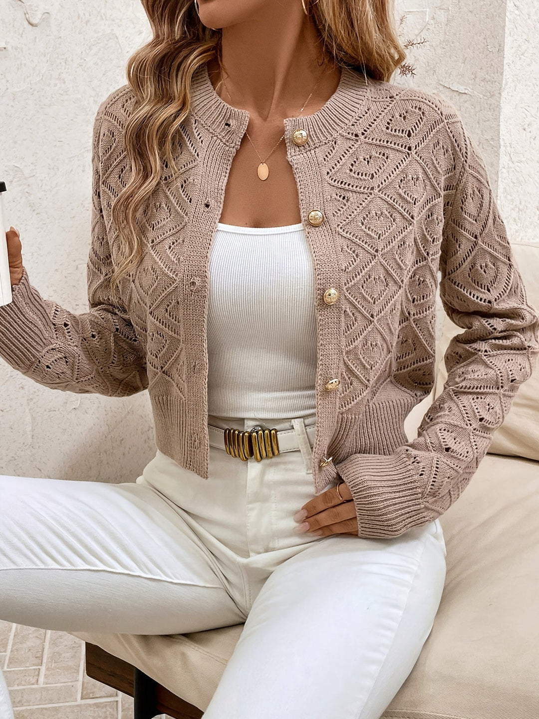 Women's Cropped Cardigan Long Sleeve Button-Front Textured Pointelle Knit Casual