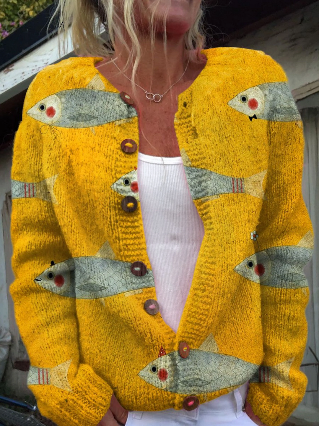 Edwina | Button-Down Fish Print Cardigan for Women