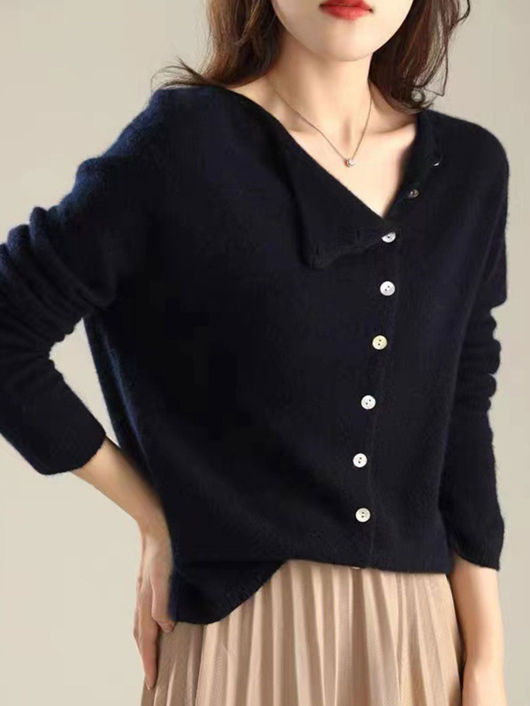 Women's Button-Front Cardigan Asymmetric V-Neck Long Sleeve Knit Casual
