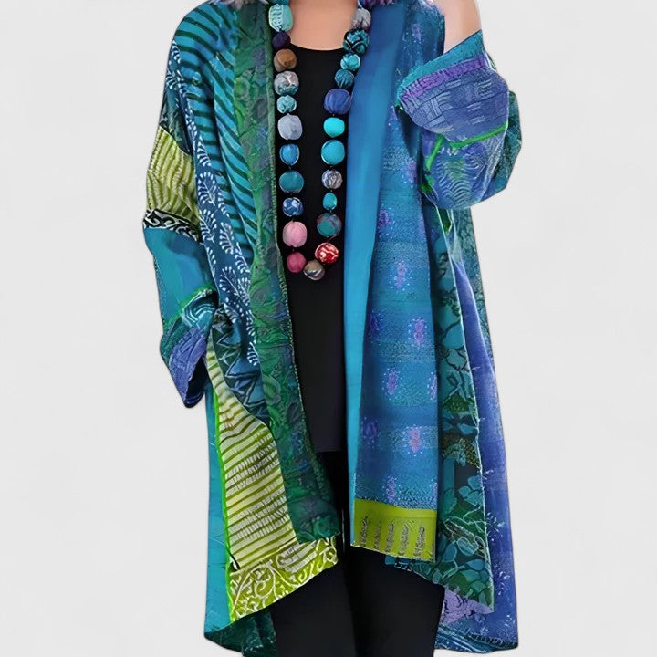 Women's Open Front Cardigan Long Sleeve Patchwork Print Draped Casual