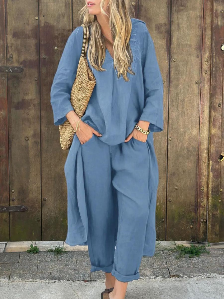 Lila V-neck Top and Wide-leg Pants Set