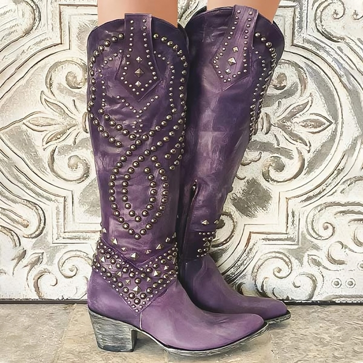 Women's Knee-High Studded Western Boots | Casual Footwear
