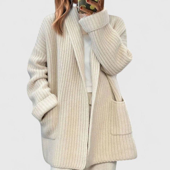 Women's Chunky Knit Cardigan Open Front Shawl Collar Pockets Long Sleeve