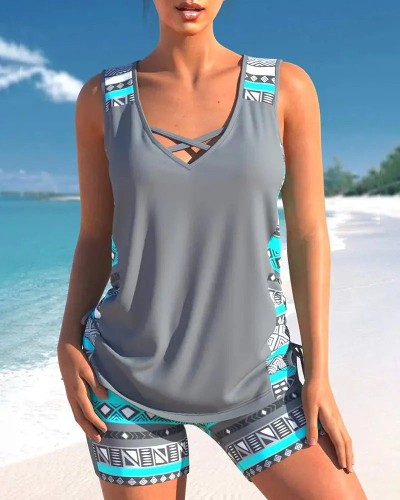 Estella | V-Neck Tankini Set with Geometric Shorts for Women