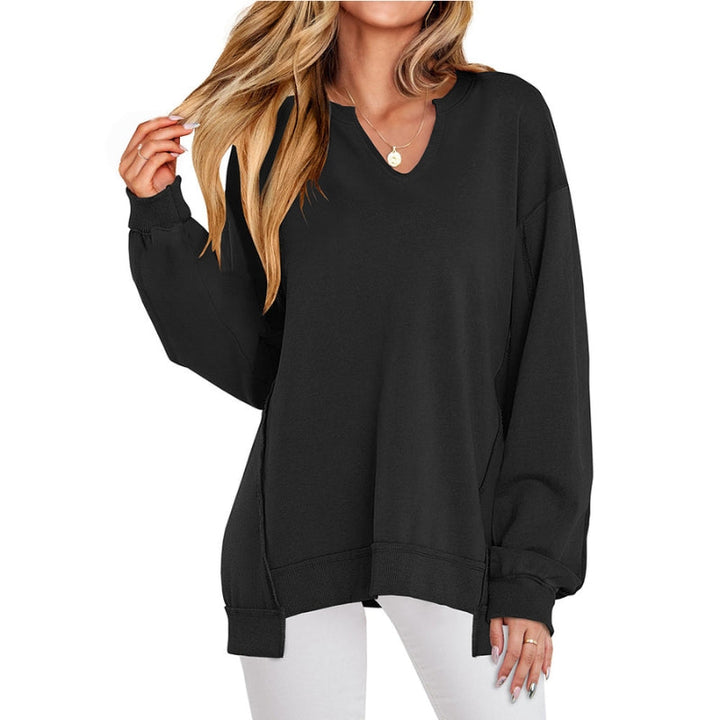 Women's Oversized V-Neck Tunic Sweatshirt Long Sleeve Side Slit Casual Pullover