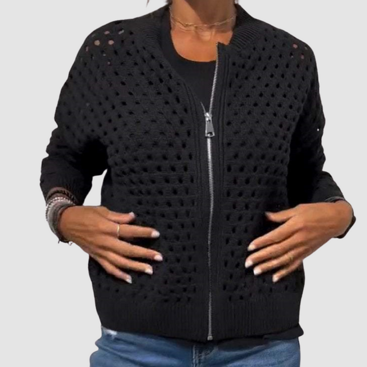 Women's Zip-Up Knit Cardigan Open Hole Long Sleeve Bomber Sweater