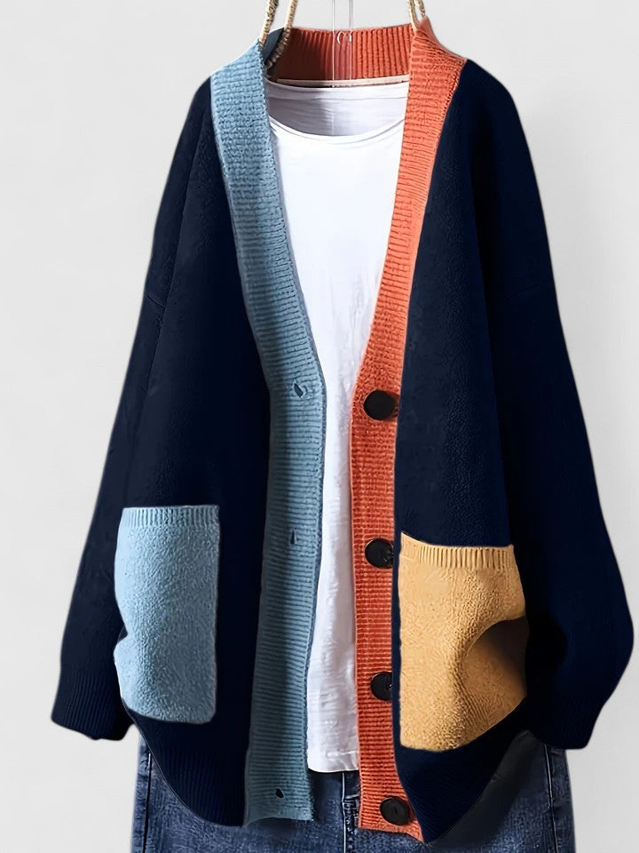 Women's Color Block Cardigan V-Neck Long Sleeve Button Front Patch Pocket Knit
