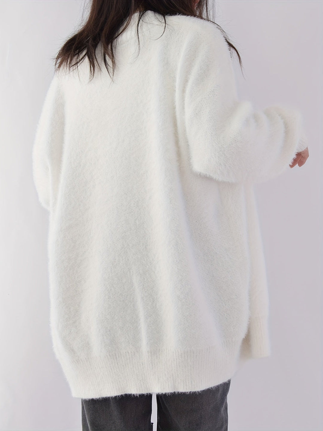 Women's Fuzzy Open Front Cardigan V-Neck Long Sleeve Pearl Button Knit Sweater