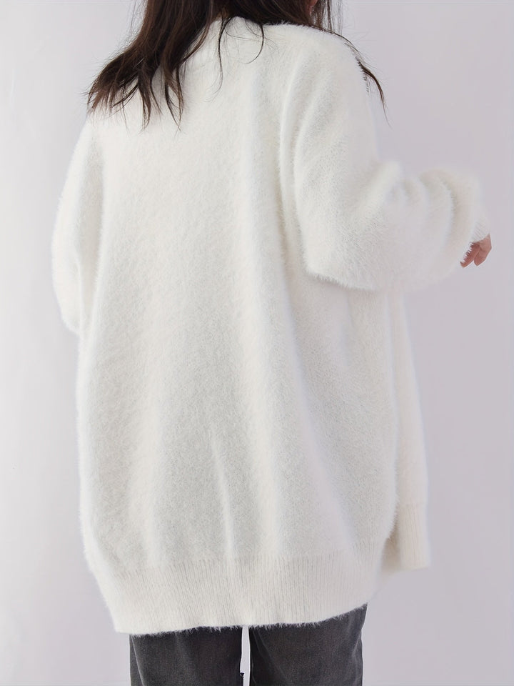 Women's Fuzzy Open Front Cardigan V-Neck Long Sleeve Pearl Button Knit Sweater