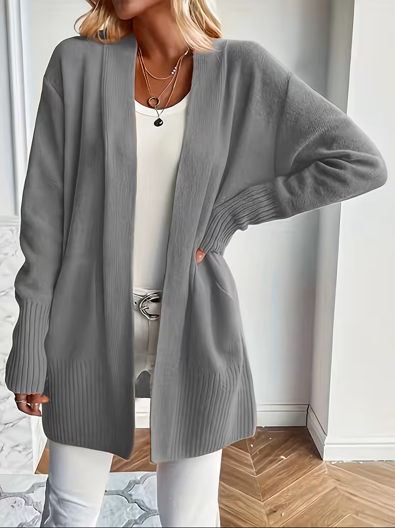 Women's Open Front Cardigan Long Sleeve Ribbed Knit Pockets Casual