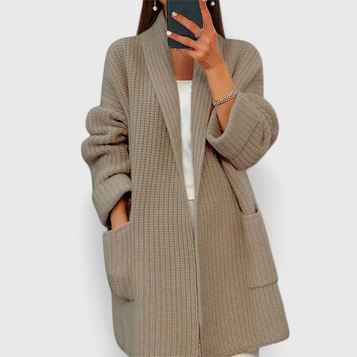 Women's Chunky Knit Cardigan Open Front Shawl Collar Pockets Long Sleeve