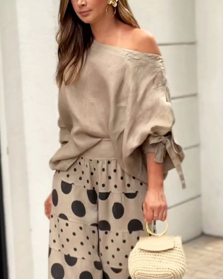 Samantha Casual Shoulder Top & Printed Pants Set