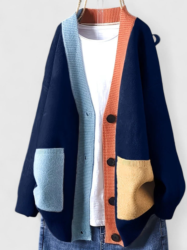 Women's Color Block Cardigan V-Neck Long Sleeve Button Front Patch Pocket Knit