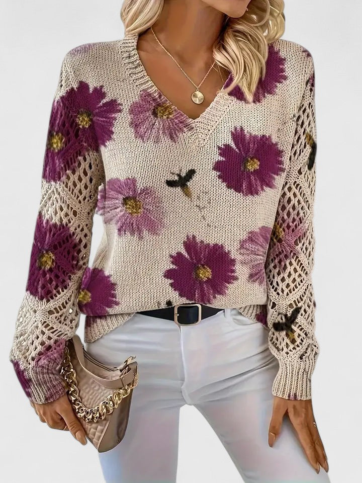 Women's V-Neck Floral Sweater – Long Sleeve Crochet Knit Pullover