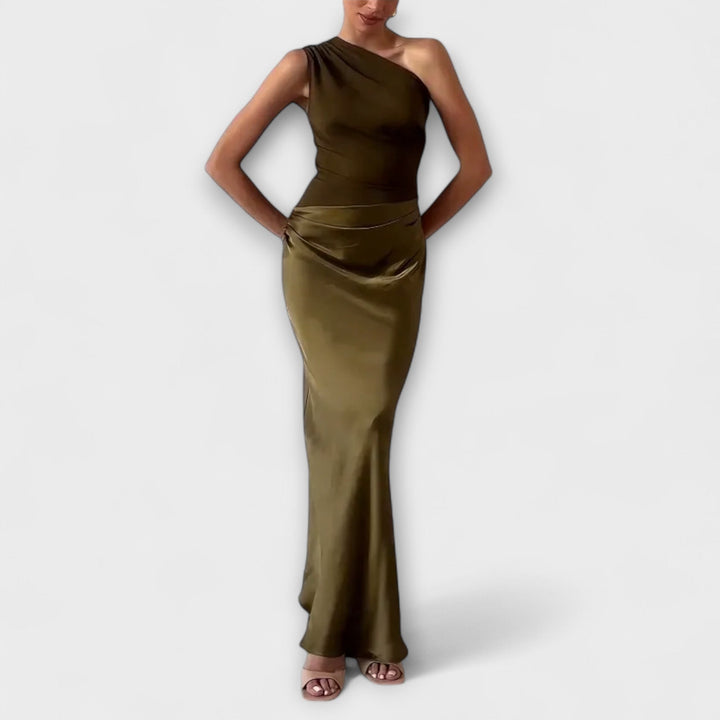 Elegant One-Shoulder Pleated Maxi Dress