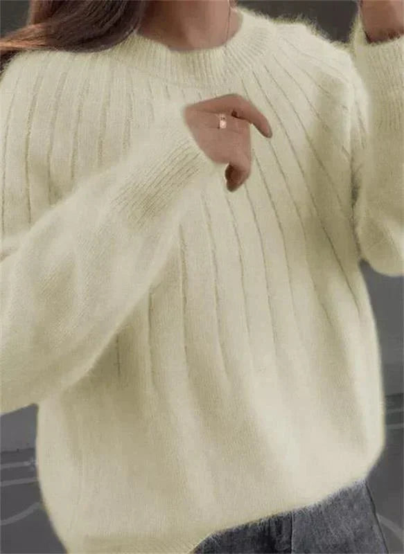 Women's Fluffy Crew Neck Knit Sweater – Relaxed Long Sleeve Pullover