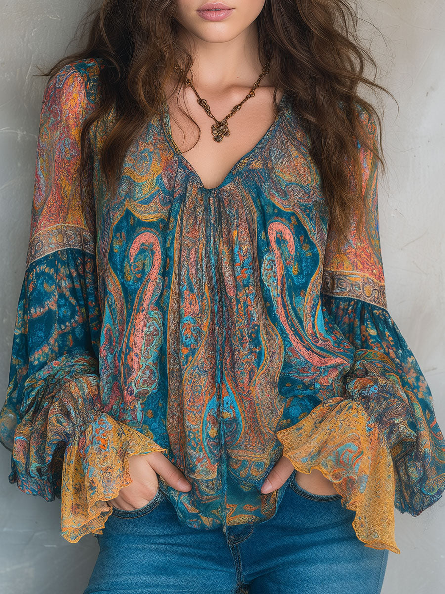 Sara™ | Bohemian Teal & Amber Paisley Chiffon Blouse With Ruffled Cuffs