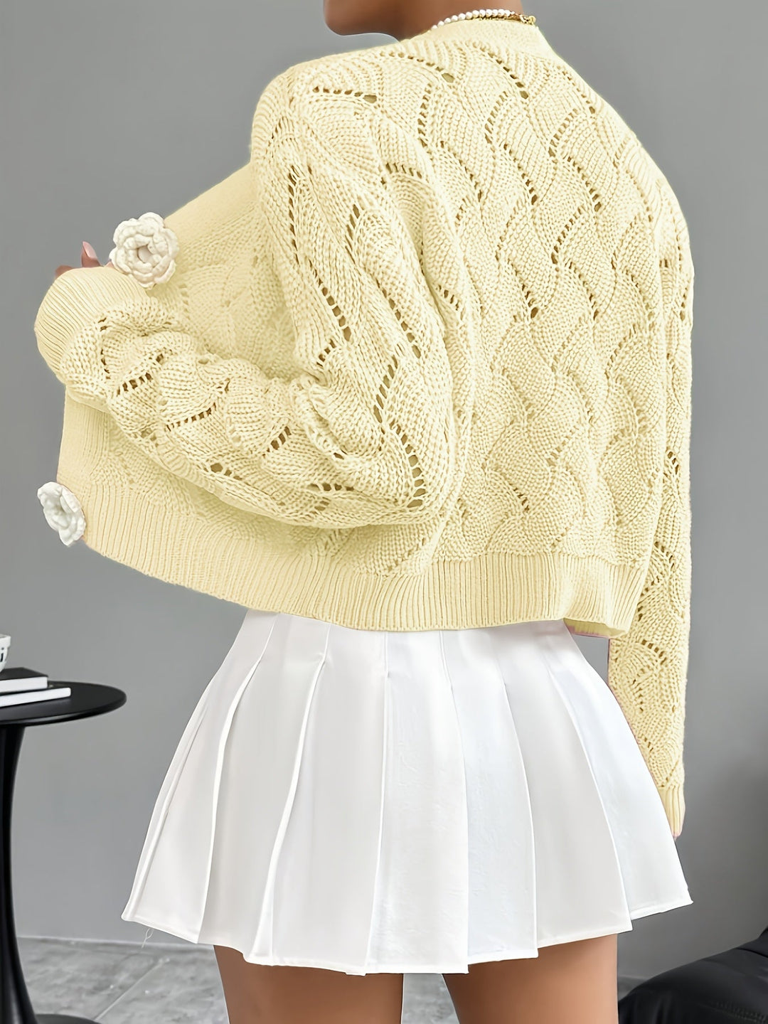 Celeste | Women's Crochet Knit Cardigan with 3D Floral Buttons