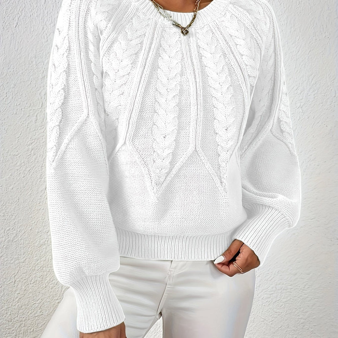 Women's Cable-Knit Sweater Round Neck Long Sleeve Ribbed Cuff Casual Pullover