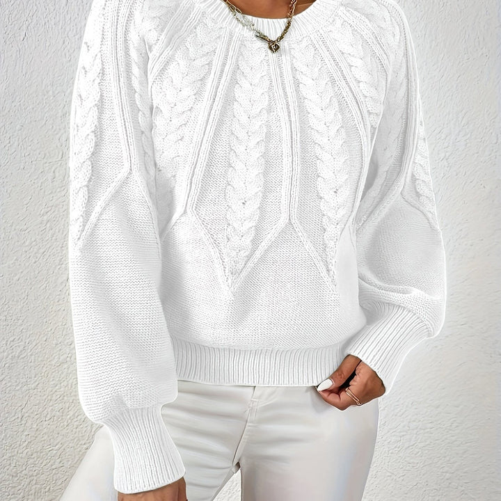 Women's Cable-Knit Sweater Round Neck Long Sleeve Ribbed Cuff Casual Pullover