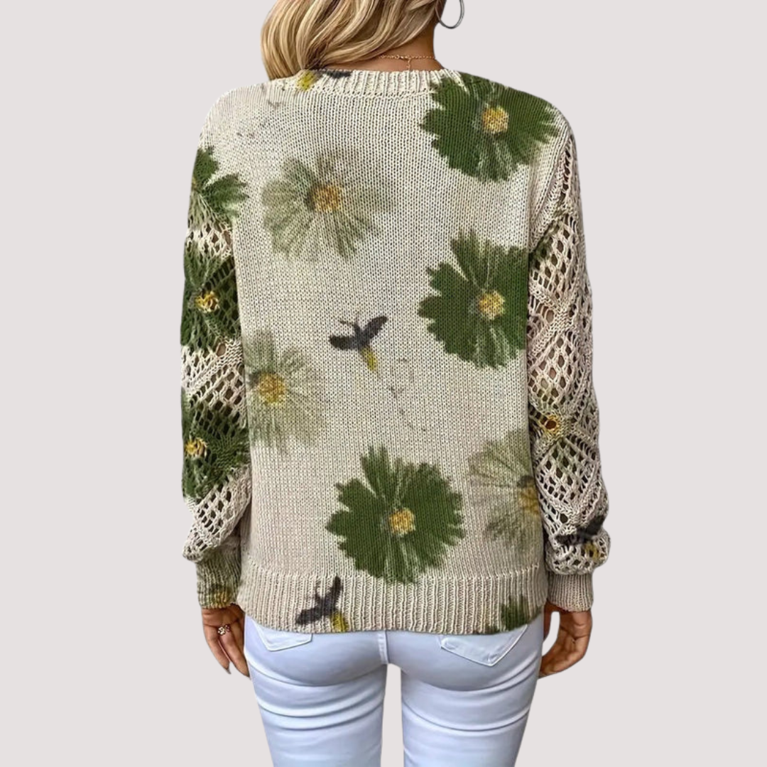 Women's Floral Pattern Sweater – Lightweight V-Neck Knit Pullover