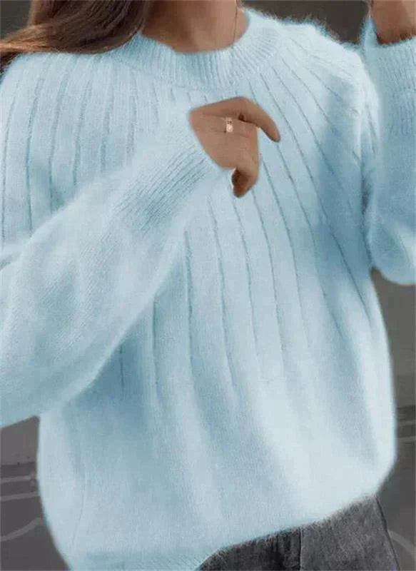 Women's Fluffy Crew Neck Knit Sweater – Relaxed Long Sleeve Pullover