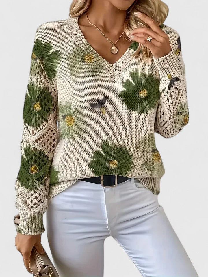 Women's V-Neck Floral Sweater – Long Sleeve Crochet Knit Pullover