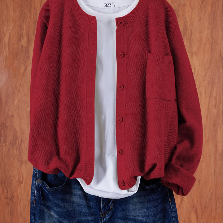Women's Open Front Cardigan Button-Up Round Neck Long Sleeve Chest Pocket Knit